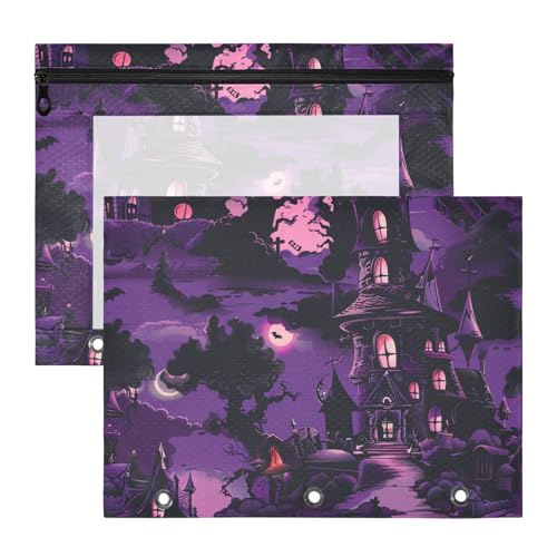 Ordner, tragbar, 3 Löcher, Tasche für 3 Ringe, 2 Stück, Lehrer, Schulanfang, riesiges Gothic-Haus, lila, Halloween von Yoogain
