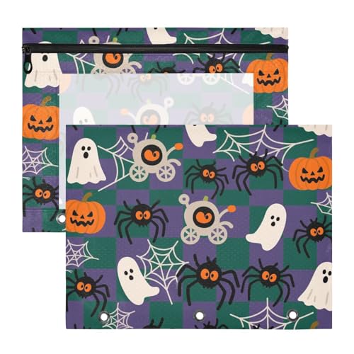 Ordner mit Sichtfenster, 3 Löcher, Tasche für 3 Ringe, 2 Stück, Schüler, Schulbedarf, Happy Halloween, Spinnennetz, kariert von Yoogain