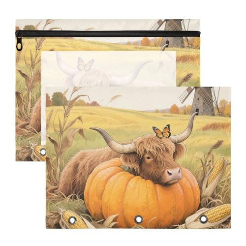 Ordnertaschen, stabile 3-Loch-Tasche für 3 Ringe, 2 Stück, Lehrerklasse, Hello Fall, Herbst, Kuh, Kürbis von Yoogain