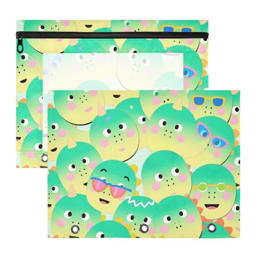 Ordnertaschen mit Sichtfenster, 3 Löcher, Tasche für 3 Ringe, 2 Stück, Studenten, Schulbedarf, Cartoon, niedlicher Dinisaur, Grün von Yoogain