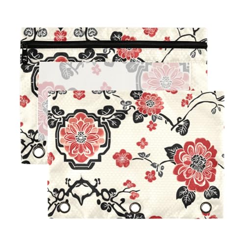 Reißverschlussbeutel im chinesischen Stil, elegante Blumen, Rot, mit transparentem Fenster mit Reißverschluss, verstärkte Ösen, 3-Loch-Binder zur Aufbewahrung von Schul- und Bürobedarf, mehrfarbig, 2 von Yoogain