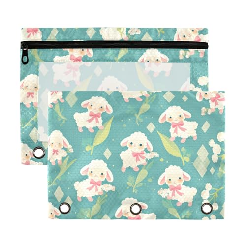 Schlichte Frühlingsschaf-Beutel im Retro-Stil mit 3 Löchern, durchsichtigem Fenster, Taschen mit Reißverschluss, verstärkte Ösen, 3 Ringe, für Schule, Büro und Zuhause, mehrfarbig, 2 Stück von Yoogain