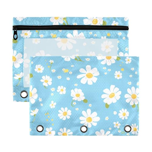 Schlichtes blaues Gänseblümchen-Ringbuch mit 3 Ringen und transparentem Fenster, Kunststoff mit Reißverschluss, verstärkte Ösen, drei Ringe, Ordner für Büro, Schule, Kosmetik, mehrfarbig, 2 Stück von Yoogain