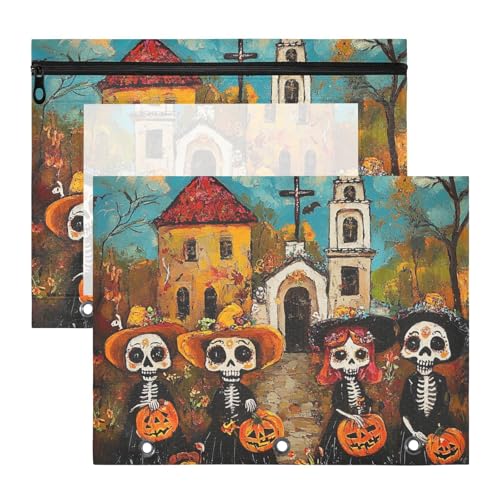 Stiftebox mit Reißverschluss, Kunststoff-Aktenordner für 3 Ringe, 2 Stück, Studenten, College-Zubehör, niedliches Cartoon-Skelett, Halloween von Yoogain