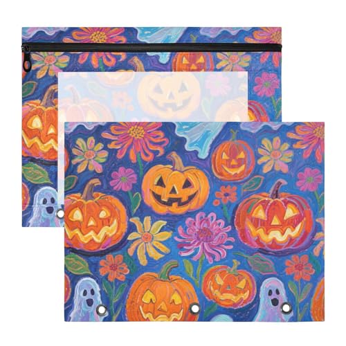 Stifteetui, transparent, 3 Locher für 3 Ringe, 2 Stück, Lehrer, Schulanfang, Halloween, Kürbisse und Geister von Yoogain