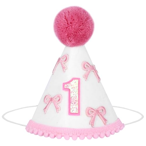 Yoolhamy 1. Geburtstag Hut für Baby Mädchen Jungen, Boho Erster Geburtstag Hut, Handgemachte One Birthday Crown Conical Cap Dekorationen (Pink Bow) von Yoolhamy