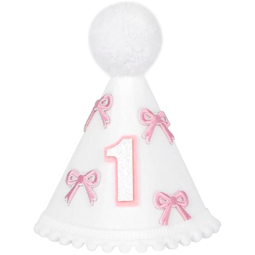 Yoolhamy 1. Geburtstag Hut für Baby Mädchen Jungen, Boho Erster Geburtstag Hut, Handgemachte One Birthday Crown Conical Cap Dekorationen (White Bow) von Yoolhamy