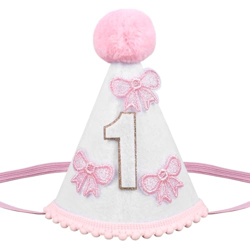 Yoolhamy 1. Geburtstag Hut für Baby Mädchen Jungen - Handgemachte Filzkegel Erste Mütze mit Pom Pom - One Birthday Dekorationen für Cake Smash, Fotoshooting & Party Feiern (Rosa) von Yoolhamy