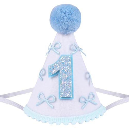Yoolhamy 1. Geburtstag Hut für Baby Mädchen und Jungen - Handgemachte Filzkegel Erste Mütze mit Pom Pom - One Birthday Dekorationen für Cake Smash, Fotoshooting & Party Feiern (Blaue Schleife) von Yoolhamy