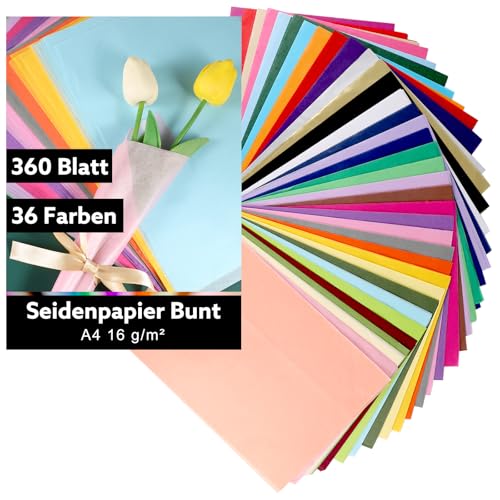360 Blatt Seidenpapier Bunt Osterdeko, 36 Farben Seidenpapier A4 Tissue Paper Seidenpapier zum Verpacken 16 g/m² Geschenkpapier für Hochzeit Kindergeburtstag DIY Strauß Verpackung von Yoosso