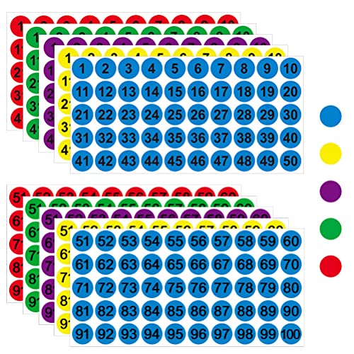 500 Stück Nummer Aufkleber, 25mm 10 Blatt 1 bis 100 Fortlaufende Zahlen Aufkleber Klebepunkte Bunt Etiketten Selbstklebend für Büro Schließfach Heim Ordnen Adventskalender (Rot Grün Blau Lila Gelb) von Yoosso