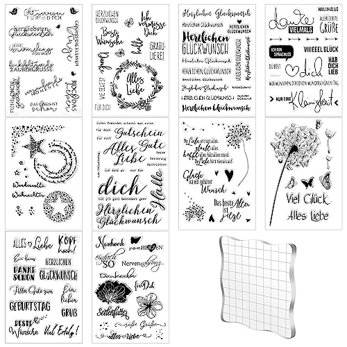 Silikonstempel Set, 10 Bögen Stempel Sprüche Deutsch Stempel Glückwunsch Clear Stamps mit Stempelblock 10x10 cm für Hochzeit Geburtstag Taufe Scrapbooking Journal Einladung Karten(10 Stile) von Yoosso