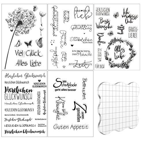 Silikonstempel Set, 5 Blätter Sprüche Deutsch Clear Stamp Geburtstag Stempel Herzlichen Glückwunsch mit Acrylblock für DIY Hochzeitseinladungen Journal Scrapbooking (5 Stile) von Yoosso