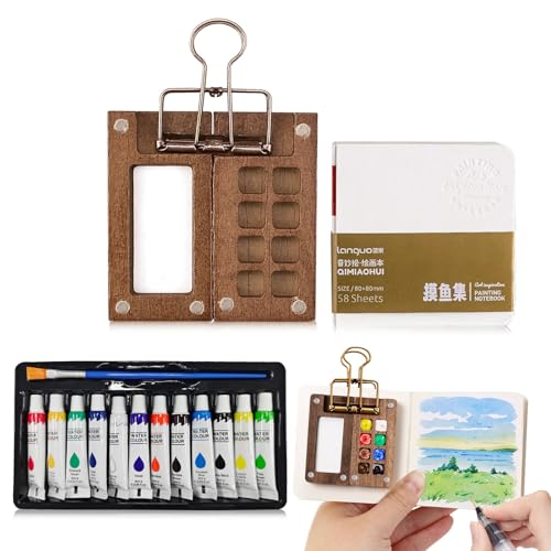 Aquarell Malkasten 12 Farben, Mini Holzpalette tragbar & faltbar, Magnetpalette mit Clip, Aquarellfarben Set für Kinder, Erwachsene, Skizzenbuch & Outdoor von Yootiko