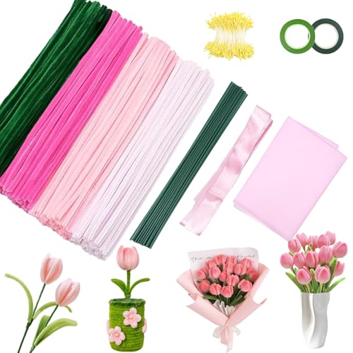 Yootiko Tulpen Pfeifenreiniger Blumen Set, 12 Blumendraht 200 Stück Pfeifenreiniger zum Basteln, mit Geschenkpapier, Geschenkband, Klebeband Selbstgemachtes Geschenk (mit Anleitung) (A-Tulpe) von Yootiko