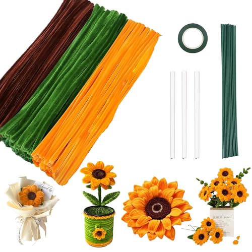 Yootiko Tulpen Pfeifenreiniger Blumen Set, 12 Blumendraht 200 Stück Pfeifenreiniger zum Basteln, mit Geschenkpapier, Geschenkband, Klebeband Selbstgemachtes Geschenk (mit Anleitung) (B-Sonnenblume) von Yootiko