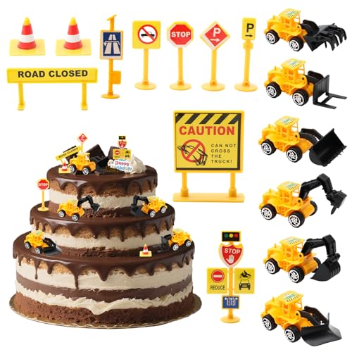 Yooyan Bagger Geburtstag Deko 2 Jahre - Tortendeko Baustelle Kuchendeko Geburtstag, Spielzeug Kuchen Deko, Baustellenfahrzeuge Verkehrsschilder, Wichtelbaustelle Wichtelzubehör für Wichteltür von Yooyan