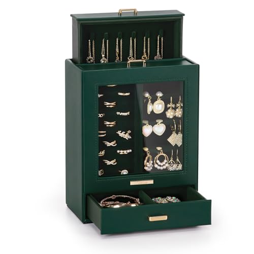 Seelux Schmuckkästchen, Schmuckschatulle mit 3 Schubladen, Schmuckkasten mit Glasfenster, für Halsketten, Ringe, Armbänder, Ohrringe (Dunkelgrün + Gold) von Yorbay