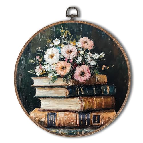 Yorhifa Moody Floral Book Gerahmte Wandkunst, Buchecke, runde Wandkunst, Leseecke, runde Wanddekoration, Vintage-Bibliothekskreis, Leinwand-Kunstwerk, Hängedekoration, 25,4 x 25,4 cm von Yorhifa
