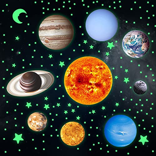 Yosemy Wandsticker Leuchtaufkleber 9 Planeten Leuchtsterne Leuchtsticker Wandtattoo mini Sonnensystem Sterne Mond Fluoreszierend Wandaufkleber für Kinderzimmer Dekorative Aufkleber von Yosemy