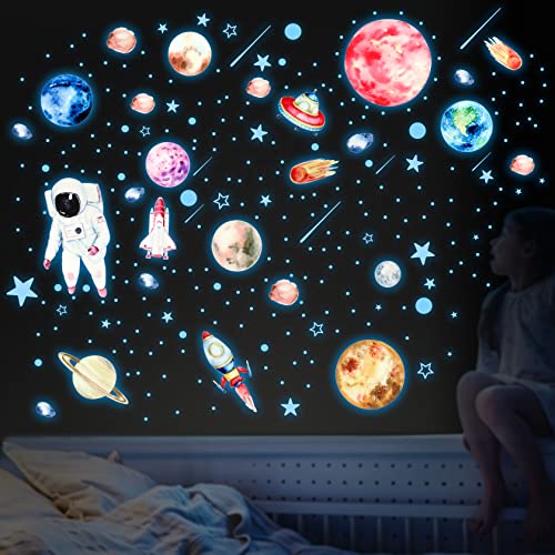 Yosemy Leuchtsterne Kinderzimmer, 849 Stück Wandsticker Wandtattoo Kinderzimmer jungen Mädchen Kinder, Mond Astronaut Planet Leucht Wandaufkleber für Kinderzimmer Schlafzimmer Dekorative Aufkleber von Yosemy