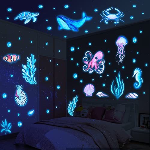 Yosemy Wandsticker Leuchtaufkleber Wandtattoo Leuchtend Ozean Meerestiere Fluoreszierend Wandaufkleber Aufkleber Unterwasserwelt Für Kinderzimmer Dekorative Aufkleber Wanddeko Blau von Yosemy