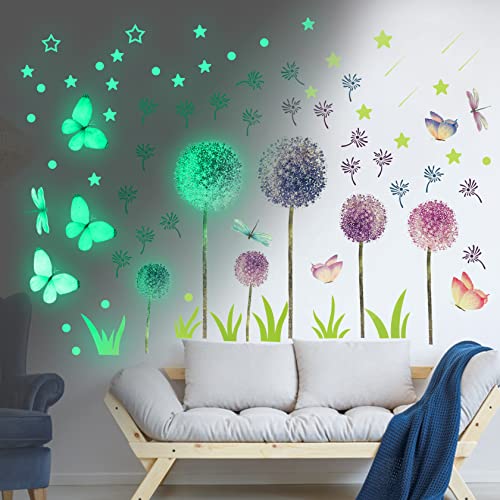 Yosemy Wandtattoo Löwenzahn Leuchtsterne Leuchtaufkleber Löwenzahn Schmetterlinge Lila Leuchtsticker Wandsticker Leuchtend Wandaufkleber Wand Deko für Kinderzimmer Wohnzimmer Flur (Grün) von Yosemy