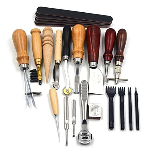 19-teiliges Leder-Handwerkswerkzeug, Leder-Nähset, Leder-Arbeitswerkzeug-Set, Leder-Stanzwerkzeug, Schnür-Nähmeißel-Set Zum Handnähen, Schnitzen, Stanzen, DIY-Lederhandwerk von Yosoo Health Gear