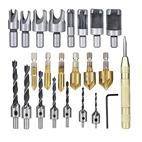 Lochbohrer-Senker-Set, 23-teilig, Edelstahl, Messing, 1/4 Zoll Sechskant, 3/8 Zoll Rundbohrer, L-Schlüssel-Set für die Holzbearbeitung von Yosoo Health Gear