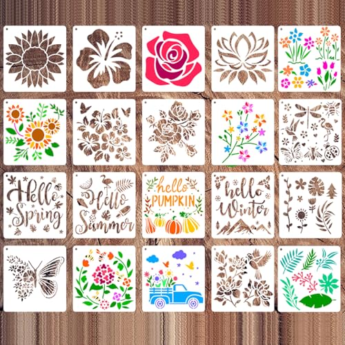 Yosugar 20 Stück Schmetterling Schablone,Wiederverwendbar Pflanze Schablonen,15.2 cm Malschablonen DIY Vorlagen Malerei Schablonen Set für Scrapbooking Wanddekorationen (20 Stück Pflanzen) von Yosugar