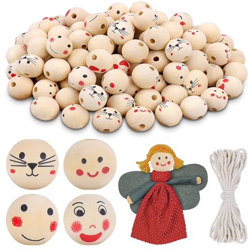 Yotako 120 Stück Holzperlen mit Gesicht, 20mm Holzkugeln mit Gesicht, 4 Stile Smileys Rund Holzperlen, Rund Holzkugeln mit Loch für DIY Schmuck Herstellung Handwerk von Yotako