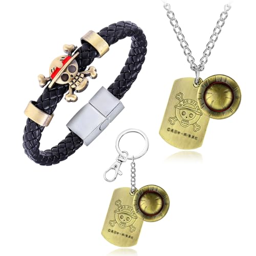 YouU Anime One P. Cosplay Kostüm Schmuck Zubehör Luffy Halskette Anhänger Schlüsselanhänger PU Leder Armreif Skelett Anhänger Armband Armband mit Aufklebern 23pcs, Leder Leder Polyurethan von UoYu