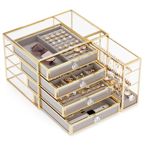 Youdepot Schmuckkästchen aus gehärtetem Glas, 5 Schubladen, große Schmuckschatullen und Organizer mit Samt-Halsketten, Ohrring-Organizer. von Youdepot