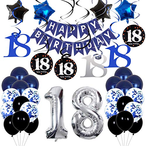 18. Geburtstag Junge Marineblau 18. Geburtstagsdeko Manner, Alles Gute zum Geburtstag Banner und Sternfolie Luftballons Blau Konfetti Luftballons 18. spiralen zum Aufhngen 18 Party Deko von Youerls