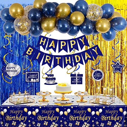 Geburtstagdeko Mann Frauen, Geburtstag Dekoration Blau Gold, Happy Birthday Deko Banner Luftballons mit Tischdecke Folie Fransen Vorhänge Hanging Swirls für Jungen Mädchen Geburtstag Party Deko von Youerls