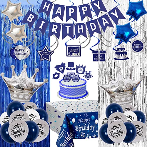 Geburtstagsdeko Mann Jungen, Geburtstagsdeko Blau Silber, Happy Birthday Deko Banner Luftballons mit Tischdecke Folie Fransen Vorhänge Hanging Swirls für Frauen Mädchen Geburtstag Party Deko von Youerls
