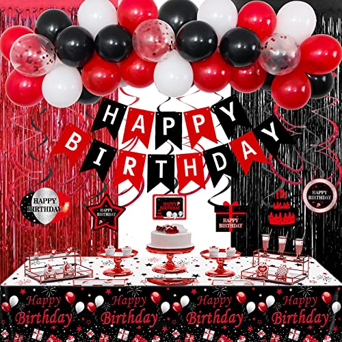 Geburtstagsdeko Rot Schwarz, Deko Geburtstag für Mann Frauen, Happy Birthday Deko Banner Luftballons mit Tischdecke Folie Fransen Vorhänge Hanging Swirls für Jungen Mädchen Geburtstag Party Deko von Youerls