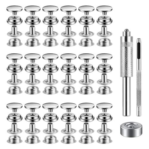 Youery 18 Sets Druckknopf Metall-Kit, 15mm Rostfreier Stahl Druckknöpfe, Leder-Druckknöpfe mit 3 Stück Fixierwerkzeug für Kleidung, Leder, Jacken, Jeans trägt, Handtasche, DIY Craft von Youery