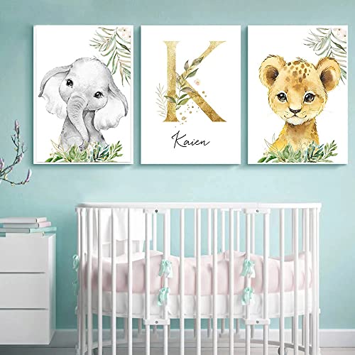 Youihom 3 Bilder Kinderzimmer Jungen Tiere Namen Poster Baby Elefant Löwe Personalisierte Wandbilder Kinderzimmer Waldtiere Deko Babyzimmer Kinder Geschenk 30 x 40 cm ohne Rahmen von Youihom