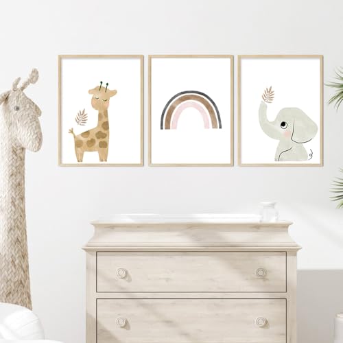 Youihom 3 Stück Boho Kinder Tier Poster Giraffe Elefant Regenbogen Bild 30x40 cm Wanddekoration Kinder Wandposter Schlafzimmer Baby Jungen Mädchen Geschenk Leinwand von Youihom