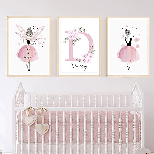 Youihom 3 Bilder Kinderzimmer Mädchen Rosa 30x40 Babyzimmer Poster Personalisiert Wandbilder Kinderzimmer Name Wandposter Baby Ballerina Love Bilderwand Leinwand ohne Rahmen (YPTWC1) von Youihom