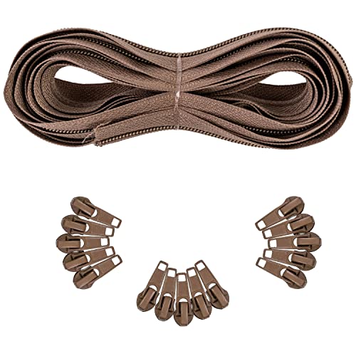 Endlos Reißverschluss, 330 cm Gesamtlänge, Größe #5, Dunkelbraun, nicht teilbar, Breite 32 mm, Zahnbreite 6,5 mm, Set mit 15 x Metall RV Schieber Laschen, Reissverschluss Spirale mit Anhängern DIY Kit von Your Day Mate