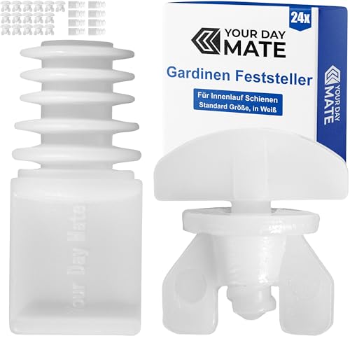 Gardinen Feststeller Set, 24 Stück, in Weiß, aus Kunststoff, 2 Varianten, Gardine Stopper für Schienensysteme mit Innenläufen, Zwischenfeststeller Vorhangschiene, Endstopfen Schiene, Endfeststeller von Your Day Mate