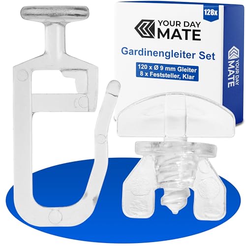 Gardinengleiter für Innenlaufschienen, 128 Stück, mit Ø 9 mm Flachkopf, Set mit 8 Gardinen Feststeller, in Klar, Faltengleiter für Vorhangschiene, Gardinenschiene, Vorhang Rollgleiter, Gardine Gleiter Gardinengleiter für Innenlaufschienen, 128 Stück, mit Ø 9 mm Flachkopf, Set mit 8 Gardinen Feststeller, in Klar, Faltengleiter für Vorhangschiene, Gardinenschiene, Vorhang Rollgleiter, Gardine Gleiter von Your Day Mate