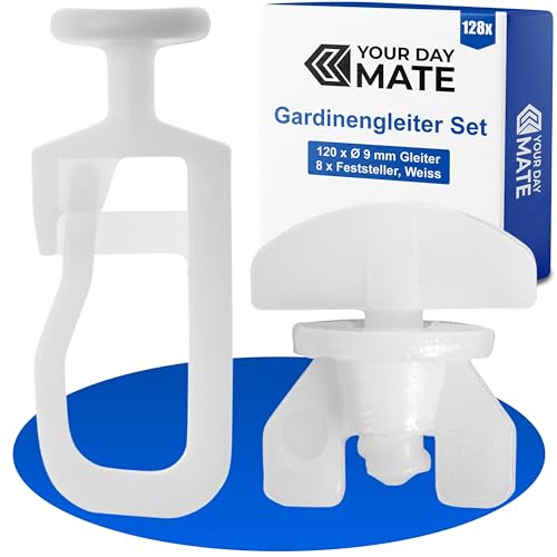 Gardinengleiter für Innenlaufschienen, 128 Stück, mit Ø 9 mm Flachkopf, Set mit 8 Gardinen Feststeller, in Weiß, Faltengleiter für Vorhangschiene, Gardinenschiene, Vorhang Rollgleiter, Gardine Gleiter Gardinengleiter für Innenlaufschienen, 128 Stück, mit Ø 9 mm Flachkopf, Set mit 8 Gardinen Feststeller, in Weiß, Faltengleiter für Vorhangschiene, Gardinenschiene, Vorhang Rollgleiter, Gardine Gleiter von Your Day Mate