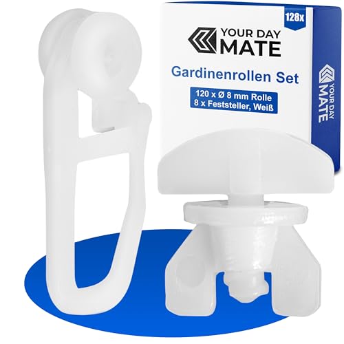 Gardinenröllchen für Innenlaufschienen, 128 Stück, Standard Ø 8 mm Rolle, Set mit 8 Gardinen Feststeller, in Weiß, Vorhang Röllchen, Faltengleiter für Vorhangschiene, Gardinenschiene, Gardine Gleiter Gardinenröllchen für Innenlaufschienen, 128 Stück, Standard Ø 8 mm Rolle, Set mit 8 Gardinen Feststeller, in Weiß, Vorhang Röllchen, Faltengleiter für Vorhangschiene, Gardinenschiene, Gardine Gleiter von Your Day Mate