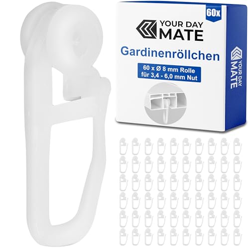 Gardinenröllchen für Innenlaufschienen, 60 Stück, Standard Ø 8 mm Rolle, in Weiß, Gardinenrollen Set, Vorhang Röllchen, Faltengleiter für Vorhangschiene, Gardinenschiene, Gardine Gleiter Schiene von Your Day Mate