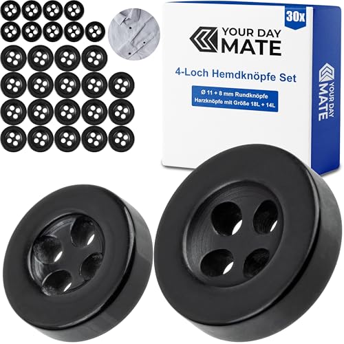 Knöpfe Set, für Hemden und Blusen, 30 Stück, 4-Loch, Ø 11 + 8 mm, in Schwarz, aus Kunstharz, Größe 18L + 14L, Harzknöpfe für Jacke, Mantel, Hemd, Bluse, Poloshirt, DIY Knopf Polyester, Wäscheknöpfe von Your Day Mate