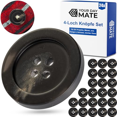 Knöpfe für Bekleidung, 24 Stück, 4-Loch, Ø 22,7 mm, Schwarz, aus Polyester, Größe 36L, Harzknöpfe für Jacke, Mantel, Anorak, Wintermantel, Winterjacke, DIY Knopf Kunstharz, Wäscheknöpfe, Bastelknöpfe von Your Day Mate