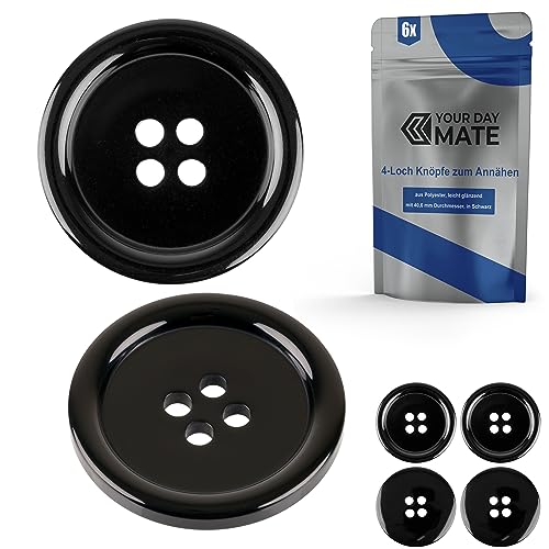 Knöpfe für Bekleidung, 6 Stück, 4-Loch, Ø 40,6 mm, in Schwarz, aus Polyester, Größe 64L, Harzknöpfe für Jacke, Mantel, Hemd, Poloshirt, DIY Knopf Kunstharz, Wäscheknöpfe, Basis Button, Bastelknöpfe von Your Day Mate